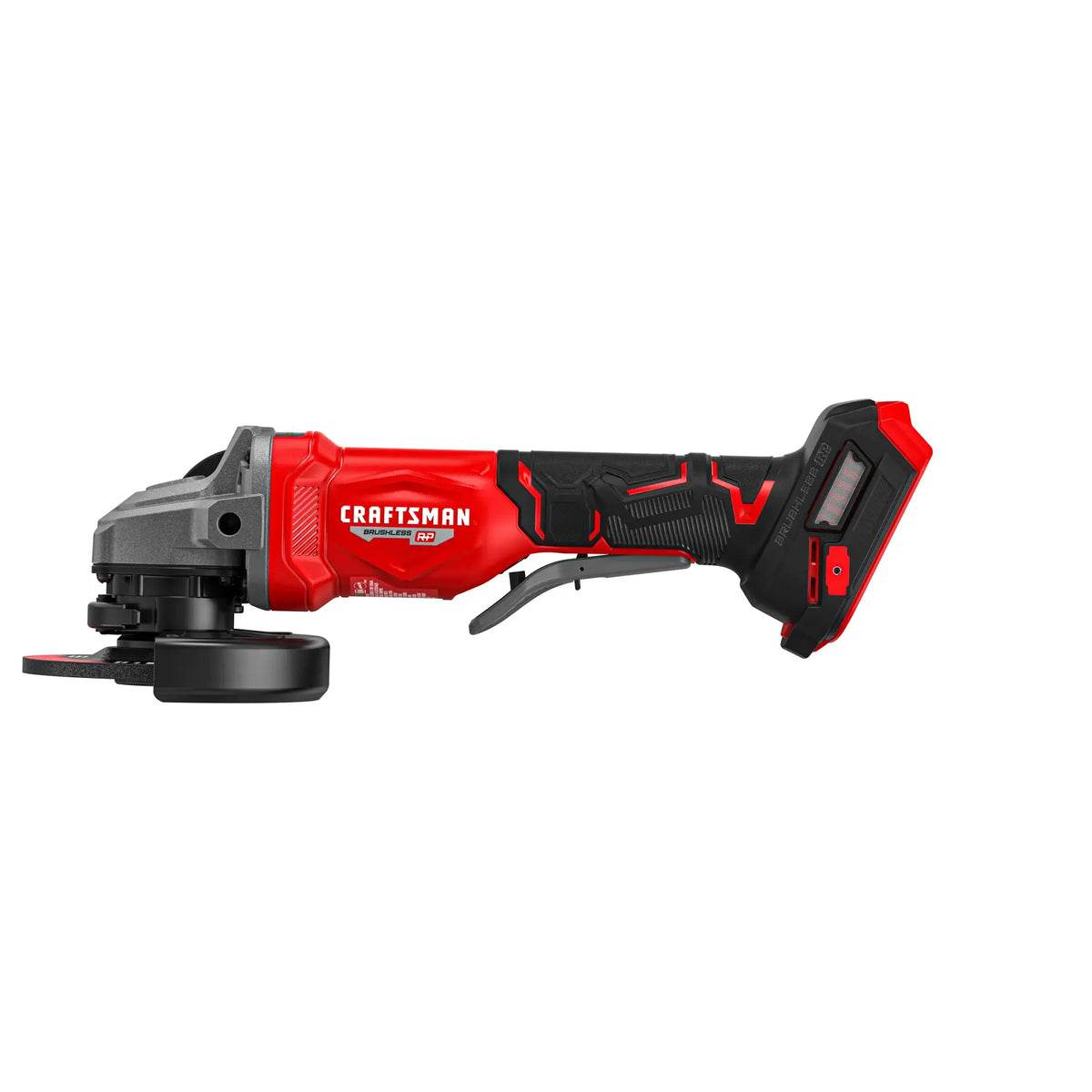 Craftsman cordless angle grinder CMCG452B, red and black, side view on white background.