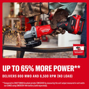 Photo of Craftsman cordless angle grinder CMCG452B in use, grinding metal with sparks, gloved hands holding tool.