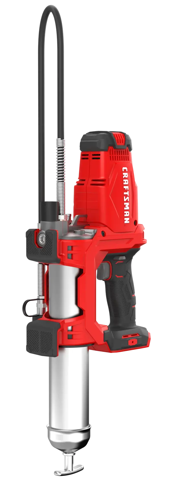 Craftsman cordless grease gun with red and black handle, vertical angle, CMCGG001B.