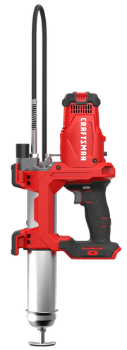 Photo of Craftsman CMCGG001B cordless grease gun, red and black, side view on white background.