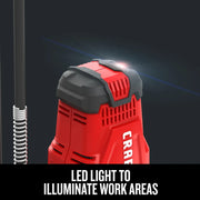Photo of Craftsman CMCGG001B graphics tool close-up with LED light on top, red and black design, front angle.