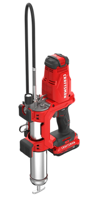 Photo of Craftsman CMCGG001D1 cordless grease gun in red and black, shown at angle on white background.
