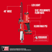 Photo of Craftsman cordless grease gun CMCGG001D1 with 40" hose, LED light, VERSATRACK®, max 10,000 PSI, front angle.