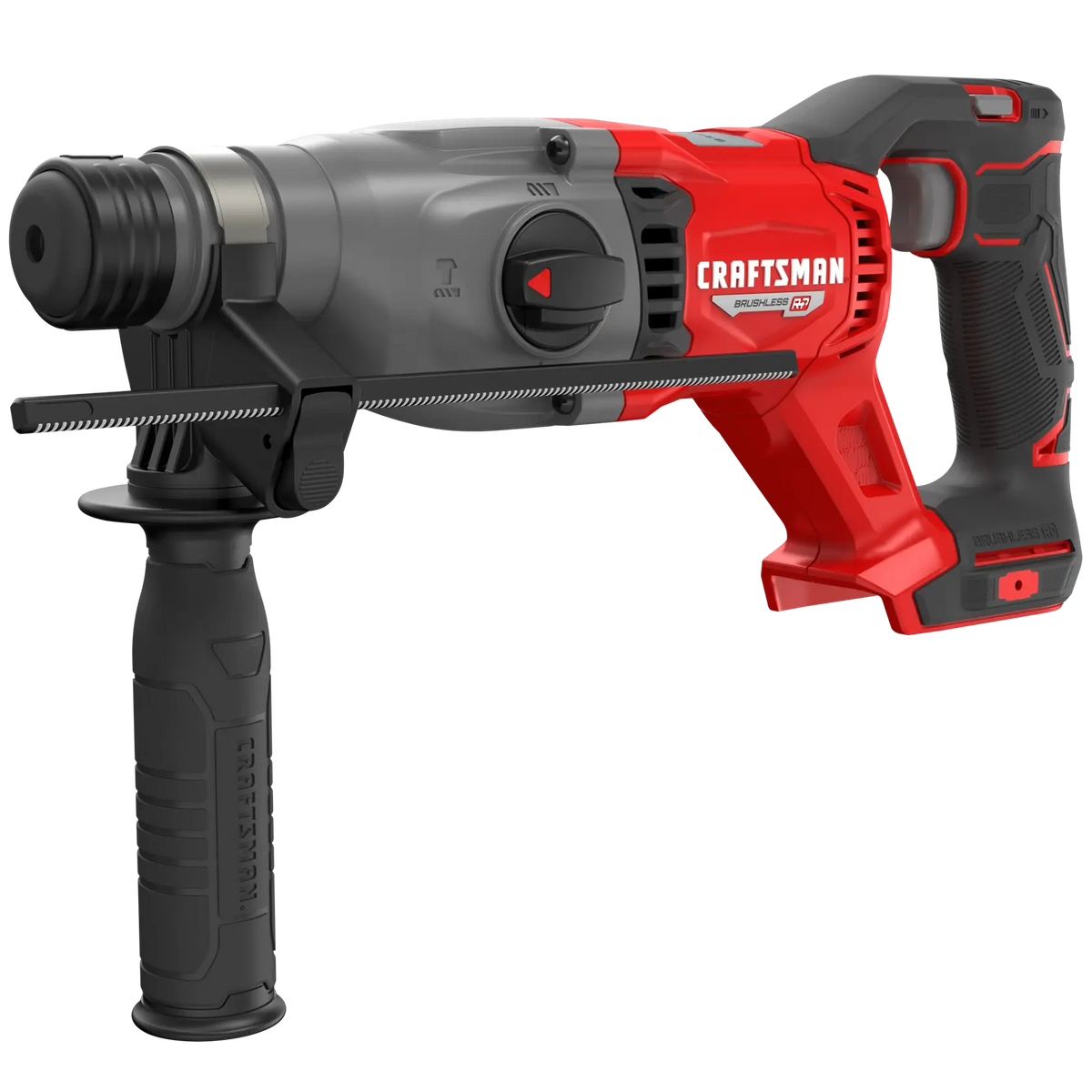 Photo of Craftsman rotary hammer drill CMCH234B, red and black, side angle on white background.