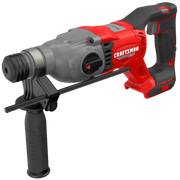 Photo of CRAFTSMAN rotary hammer drill CMCH234B, red and black, side angle, with auxiliary handle.