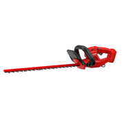 Photo of CRAFTSMAN cordless hedge trimmer CMCHT810, red and black, side angle on white background.