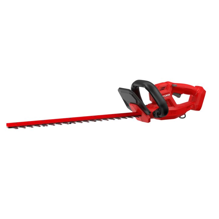 Photo of CRAFTSMAN cordless hedge trimmer CMCHT810, red and black, side angle on white background.