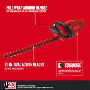 Photo of Craftsman hedge trimmer CMCHT810B with 20 in. dual action blades and wrap around handle on red background.