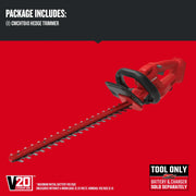 Craftsman CMCHT810B hedge trimmer, red and black, angled view on red background.