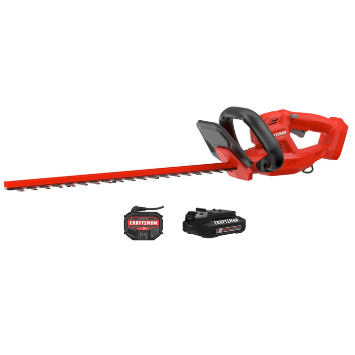 Photo of Craftsman CMCHT810C1 cordless hedge trimmer in red with included battery and charger, front angle on white background.