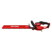Photo of Craftsman CMCHT830B cordless hedge trimmer, red and black, side angle, blade covered.