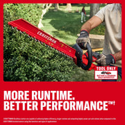 Photo of Craftsman hedge trimmer model CMCHT830B cutting shrubbery outdoors, tool only, battery sold separately.