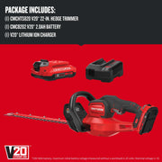 Photo of Craftsman CMCHTS820D1 hedge trimmer bundle with V20 battery and charger on red background.