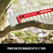 Close-up photo of Craftsman hedge trimmer blade CMCHTS820D1 cutting a tree branch outdoors.