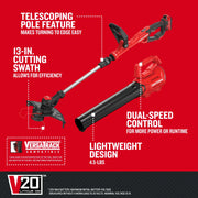 Photo of Craftsman V20 cordless string trimmer and blower set, SKU CMCK197D1, red and black, side angle.