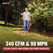 CRAFTSMAN leaf blower CMCBL700 held by person on outdoor stone path surrounded by grass and bushes.