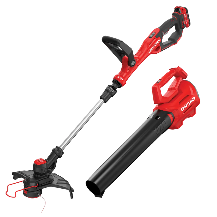 Photo of Craftsman CMCK197D1 red cordless string trimmer and blower set, front angle on white background.