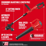 Photo of CRAFTSMAN V20 cordless string trimmer and blower kit, model CMCK197M1, shown with red tools on white background.