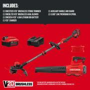 Photo of Craftsman CMCK397M1 brushless V20 string trimmer and axial blower combo kit with battery, charger, extra spool, and line on a red background, front angle.