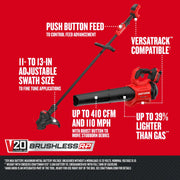 Photo of Craftsman V20 brushless string trimmer and blower set, SKU CMCK497P1, on red background, front angle.
