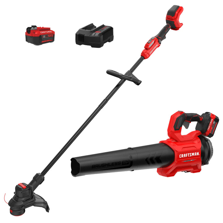 Craftsman CMCK497P1 cordless string trimmer and leaf blower kit with battery and charger, front angle on white background.