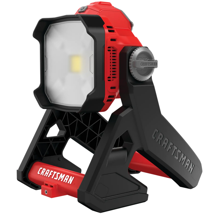 Craftsman LED work light CMCL030B, black and red, angled front view on white background.