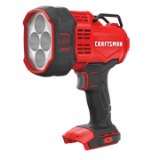 Photo of CRAFTSMAN handheld LED spotlight, model CMCL060B, in black and red, angled view on white background.