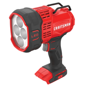 Photo of CRAFTSMAN LED spotlight, SKU CMCL060B, red and black handheld tool, front left angle on white background.
