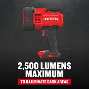 Front angle photo of CRAFTSMAN LED handheld spotlight CMCL060B, red and black, graphics category.