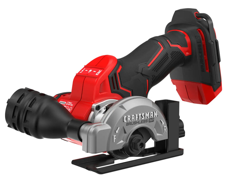 Photo of Craftsman brushless cordless cut-off tool CMCM300B, red and black, angled view on white background.