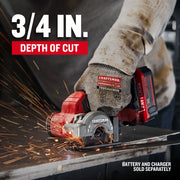 Photo of Craftsman CMCM300B graphics showing cutting tool with sparks, battery and charger sold separately.