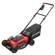 Photo of Craftsman cordless lawn mower CMCMW220P2, red and black, front-angle on white background.