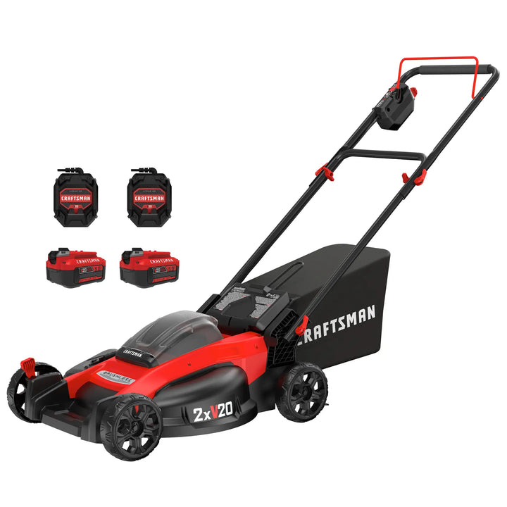 Photo of Craftsman CMCMW220P2 cordless lawn mower with two batteries and two chargers, angled on white background.