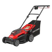 Photo of Craftsman CMCMWP120M2 cordless electric lawn mower, red and black, side angle on white background.