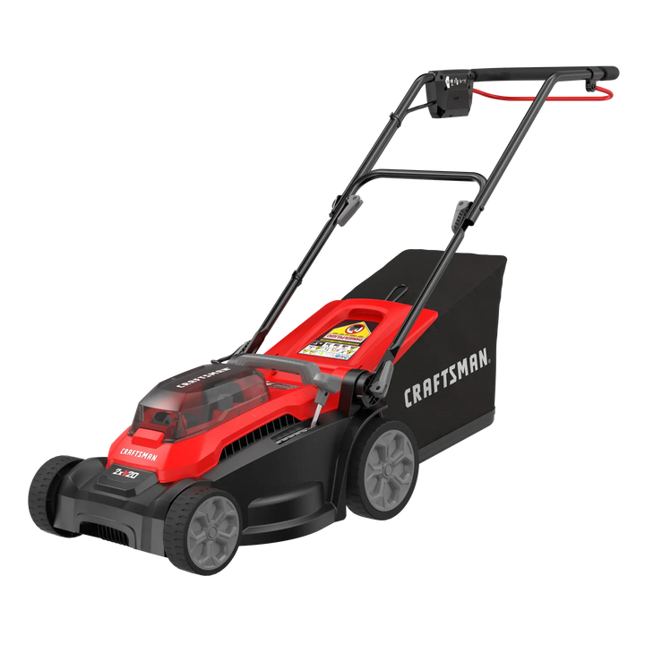 Photo of Craftsman CMCMWP120M2 cordless electric lawn mower, red and black, side angle on white background.