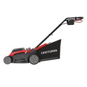 Photo of Craftsman CMCMWP120M2 lawn mower, red and black with side bag, side angle on white background.