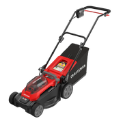 Photo of Craftsman CMCMWP120M2 red and black cordless lawn mower, side angle, with rear grass bag.