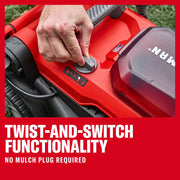 Close-up photo of a hand using twist-and-switch control on Craftsman lawn mower CMCMWP120M2, red body, outdoor use.