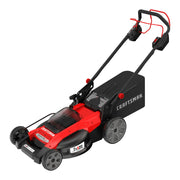 Photo of Craftsman lawn mower CMCMWSP220P2, red and black, angled on white background, rear bag attached.