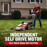 Photo of Craftsman lawn mower CMCMWSP220P2 in use on grass, person holding handle, house background.