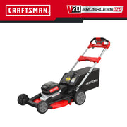 Photo of Craftsman CMCMWSP320X2 cordless lawn mower, angled view, black and red design, brushless V20 model.