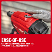 Person uses CRAFTSMAN nailer, showing tool-free stall release lever for easy nail clearing.