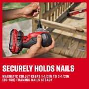 Photo of a Craftsman cordless framing nailer CMCN150B held in hands, magnetic collet visible, outdoor woodworking scene.