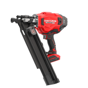 Photo of CRAFTSMAN cordless framing nailer, brushless, red and black, SKU CMCN621PLB, side angle.