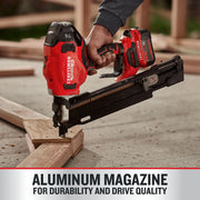 Photo of Craftsman cordless nailer CMCN621PLB in use on wood, featuring red and black design.