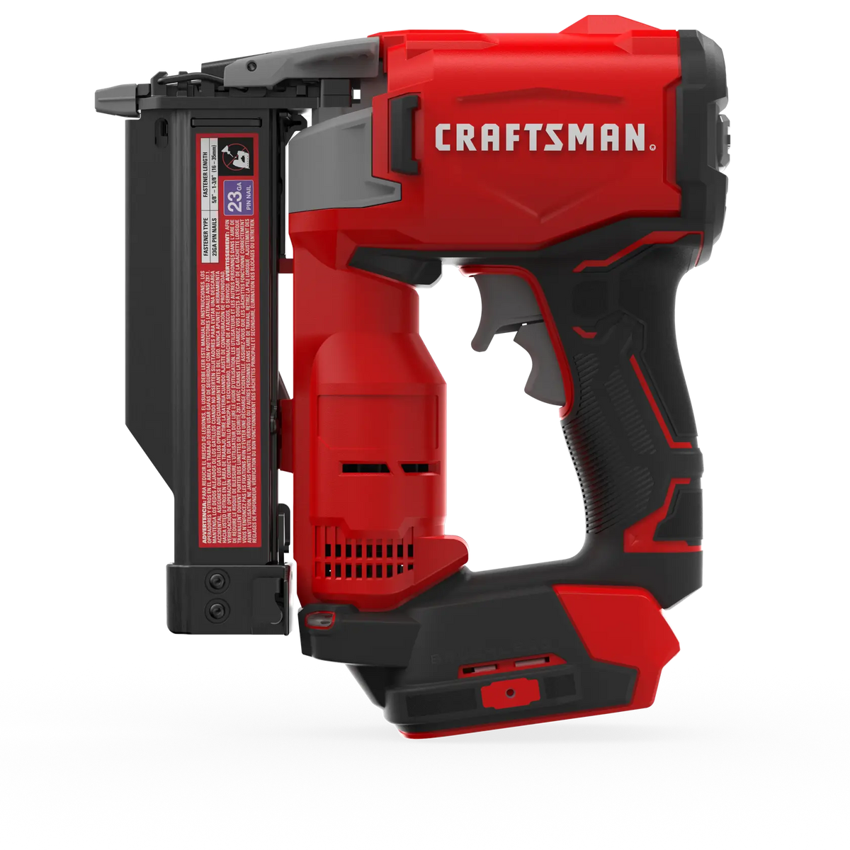Photo of Craftsman cordless nailer CMCN623B, red and black, side angle, tool category.