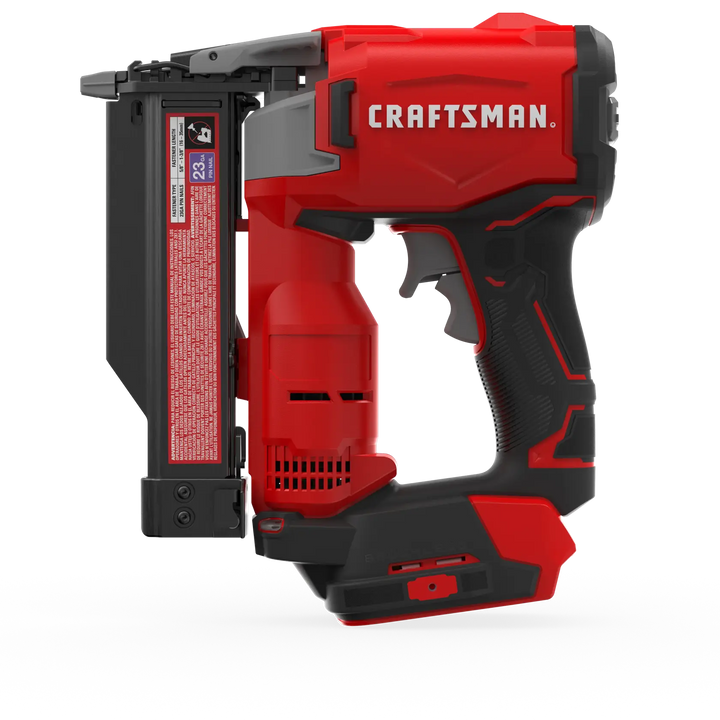 Photo of Craftsman cordless nailer CMCN623B, red and black, side angle, tool category.