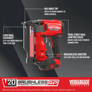Craftsman CMCN623B V20 brushless pin nailer side view on white background, red and black finish, showing key features labeled.
