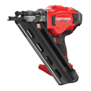 Photo of Craftsman cordless framing nailer, red and black, angled view, SKU CMCN630PTB.