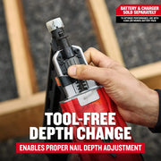 Photo of Craftsman nailer CMCN630PTB showing tool-free depth adjustment feature, hand adjusting nail depth.
